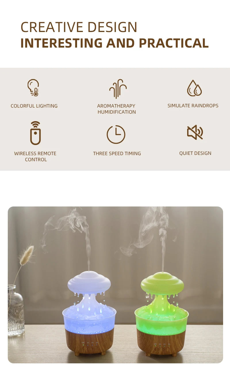 USB Rain Air Humidifier Electric Aroma Diffuser Rain Cloud Smell Desktop Relax Water Drops Sounds Colorful Night Light Household