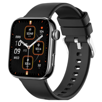 Black smartwatch with a detailed display on a white background